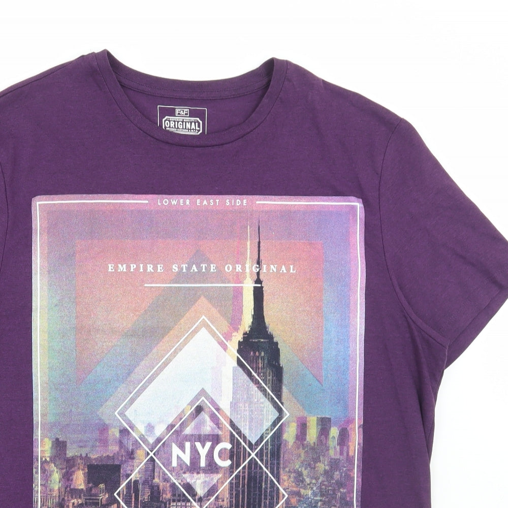 F&F Mens Purple Cotton T-Shirt Size XL Round Neck - New York