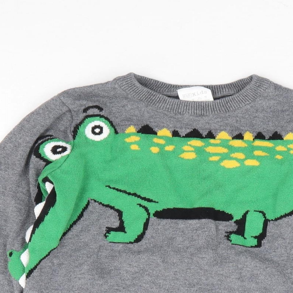F&F Boys Grey Round Neck 100% Cotton Pullover Jumper Size 5-6 Years Pullover - Crocodile