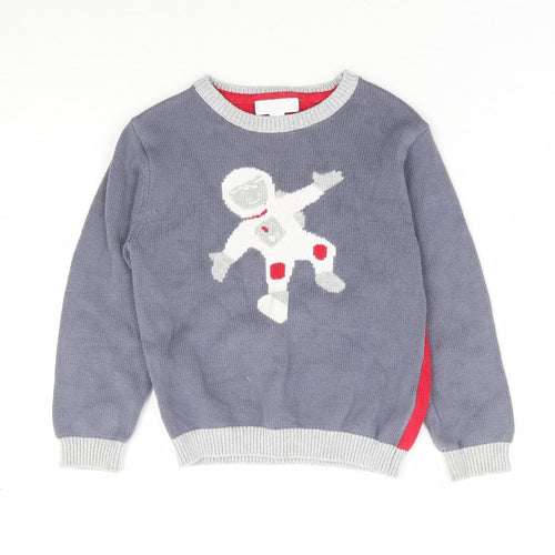 The Little White Company Boys Grey Round Neck 100% Cotton Pullover Jumper Size 3-4 Years Pullover - Spaceman