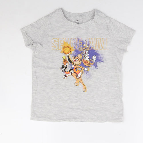 Marks and Spencer Boys Grey Cotton Basic T-Shirt Size 7-8 Years Round Neck Pullover - Space Jam