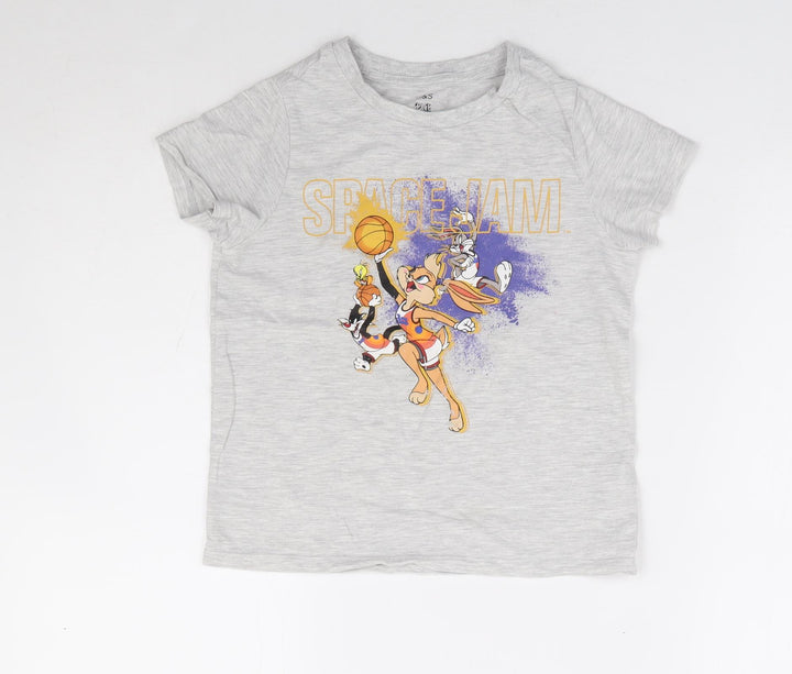 Marks and Spencer Boys Grey Cotton Basic T-Shirt Size 7-8 Years Round Neck Pullover - Space Jam