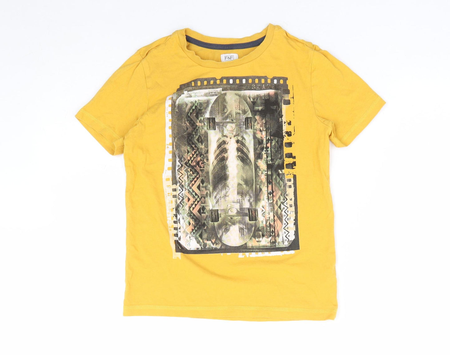 F&F Boys Yellow Cotton Basic T-Shirt Size 6-7 Years Round Neck Pullover - Skateboard