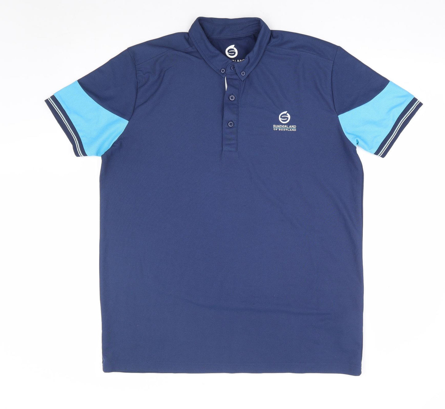 Sunderland of Scotland Mens Blue Polyester Polo Size L Collared Button