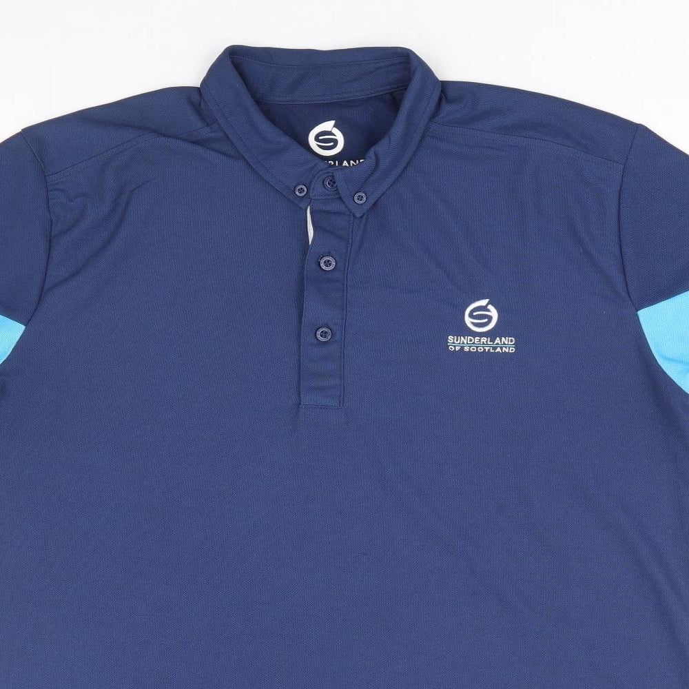 Sunderland of Scotland Mens Blue Polyester Polo Size L Collared Button