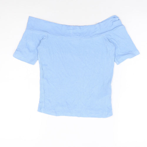 Miss Selfridge Womens Blue Viscose Basic T-Shirt Size 6 Off the Shoulder - Ribbed