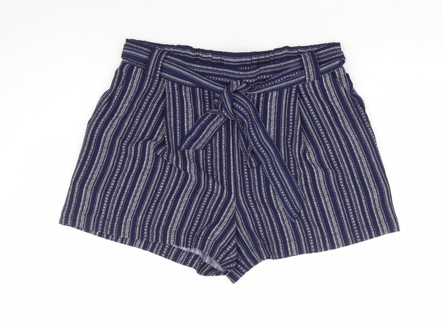 New Look Womens Blue Striped Polyester Sweat Shorts Size 10 L5 in Regular Tie