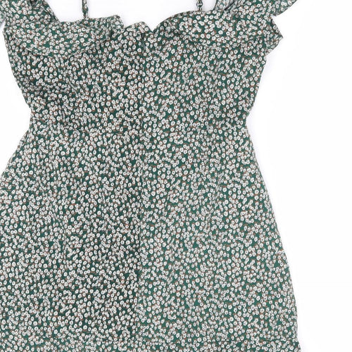 Ava Womens Green Geometric Polyester A-Line Size 10 V-Neck Zip - Cold Shoulder