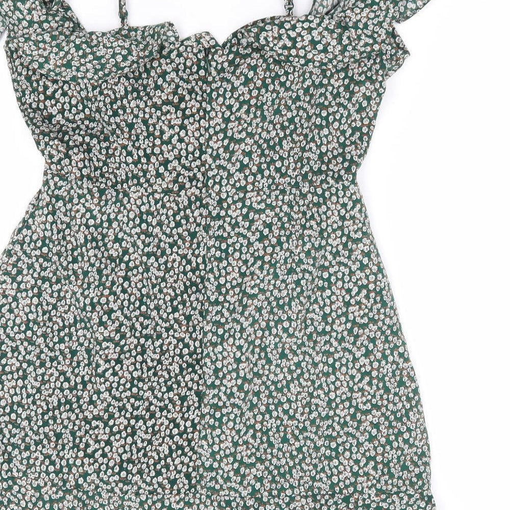 Ava Womens Green Geometric Polyester A-Line Size 10 V-Neck Zip - Cold Shoulder