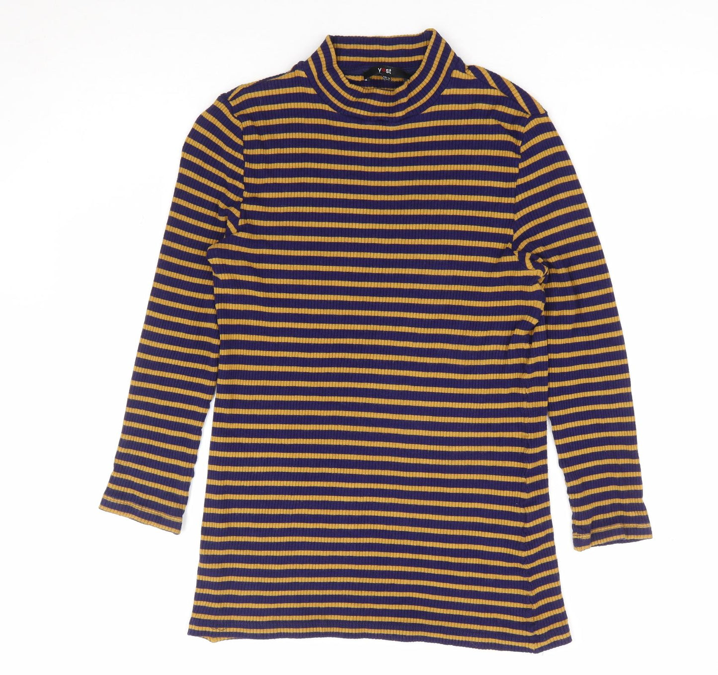 Yest Womens Blue Striped Polyester Jersey T-Shirt Size 10 Mock Neck - Ribbed
