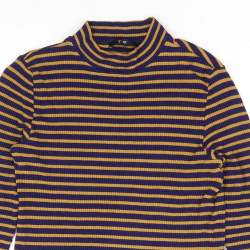 Yest Womens Blue Striped Polyester Jersey T-Shirt Size 10 Mock Neck - Ribbed