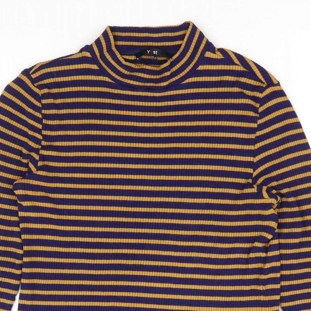 Yest Womens Blue Striped Polyester Jersey T-Shirt Size 10 Mock Neck - Ribbed