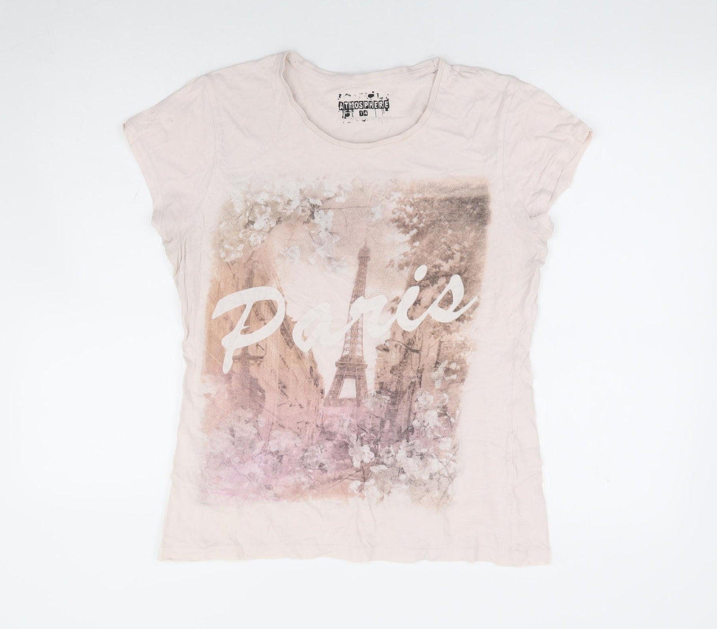 Primark Womens Beige Polyester Basic T-Shirt Size 14 Round Neck - Paris