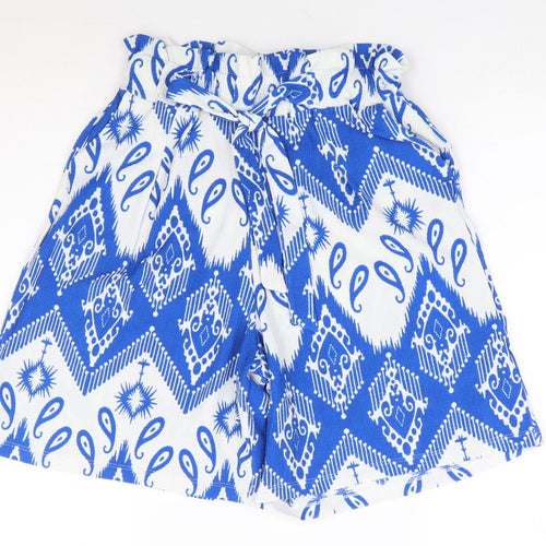 Myzen Womens Blue Geometric Polyester Paperbag Shorts Size XL L8 in Regular Tie