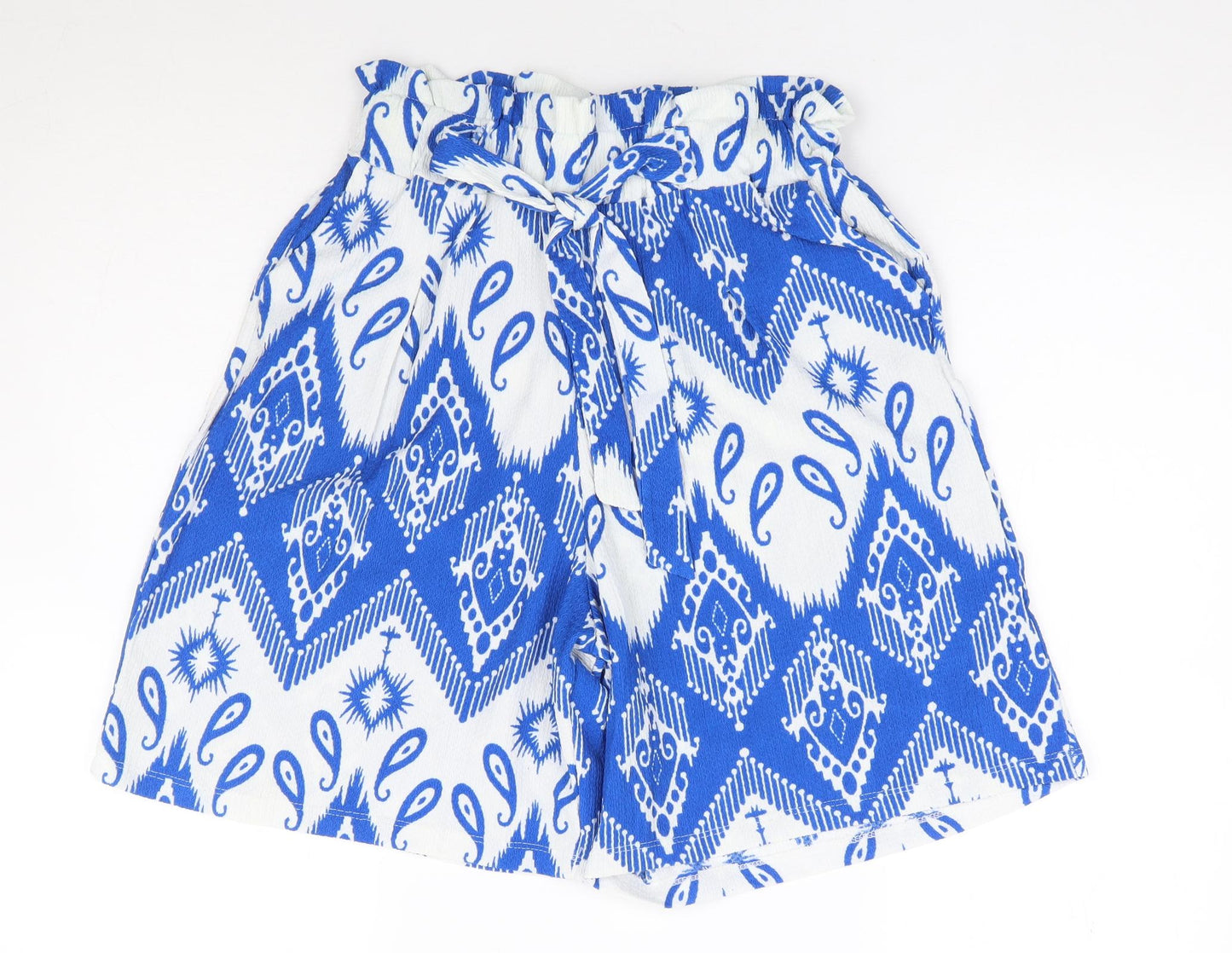 Myzen Womens Blue Geometric Polyester Paperbag Shorts Size XL L8 in Regular Tie