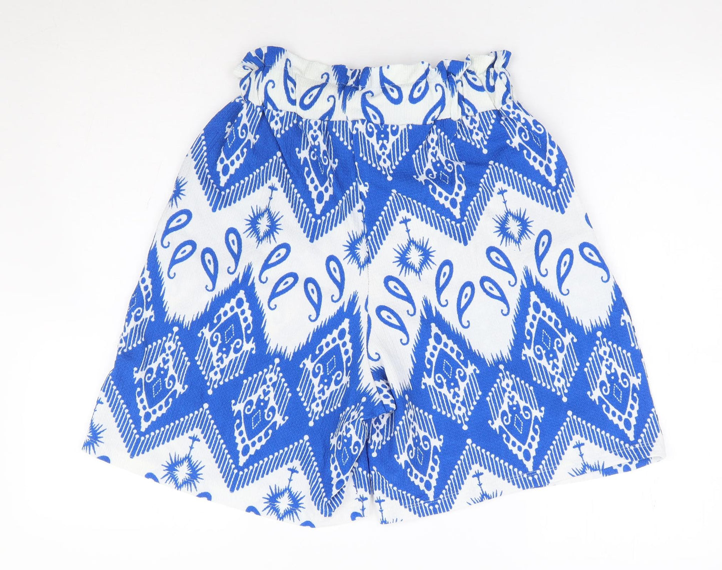 Myzen Womens Blue Geometric Polyester Paperbag Shorts Size XL L8 in Regular Tie