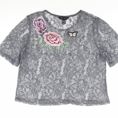 New Look Womens Grey Floral Polyester Cropped T-Shirt Size 12 Round Neck - Butterfly