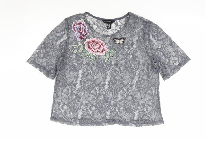 New Look Womens Grey Floral Polyester Cropped T-Shirt Size 12 Round Neck - Butterfly