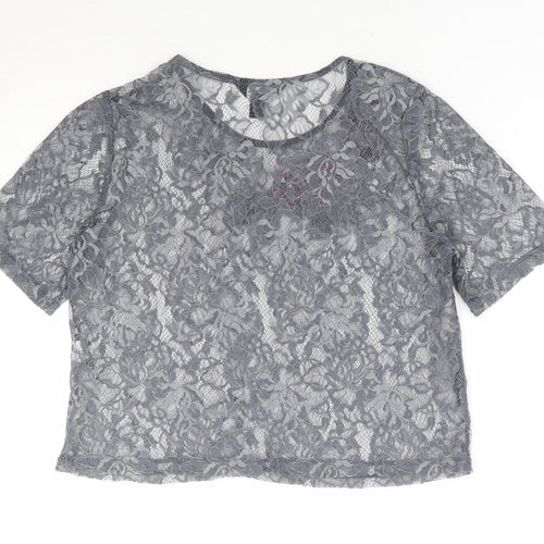 New Look Womens Grey Floral Polyester Cropped T-Shirt Size 12 Round Neck - Butterfly