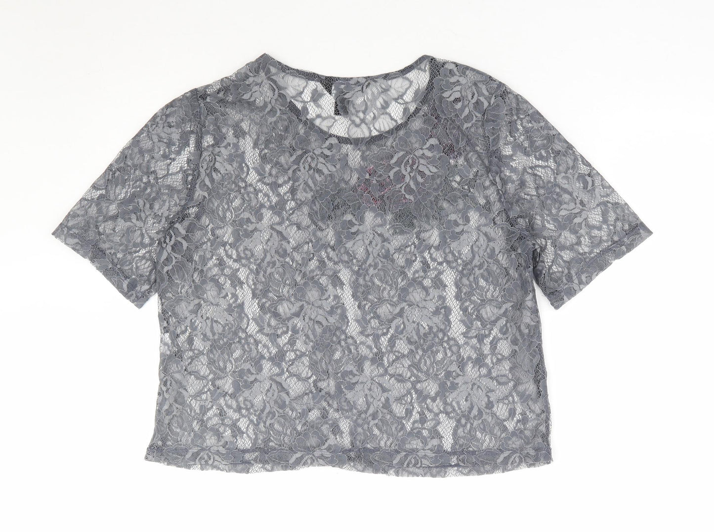 New Look Womens Grey Floral Polyester Cropped T-Shirt Size 12 Round Neck - Butterfly