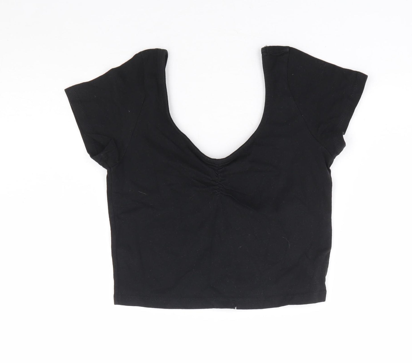 Primark Womens Black Cotton Cropped T-Shirt Size 10 Scoop Neck
