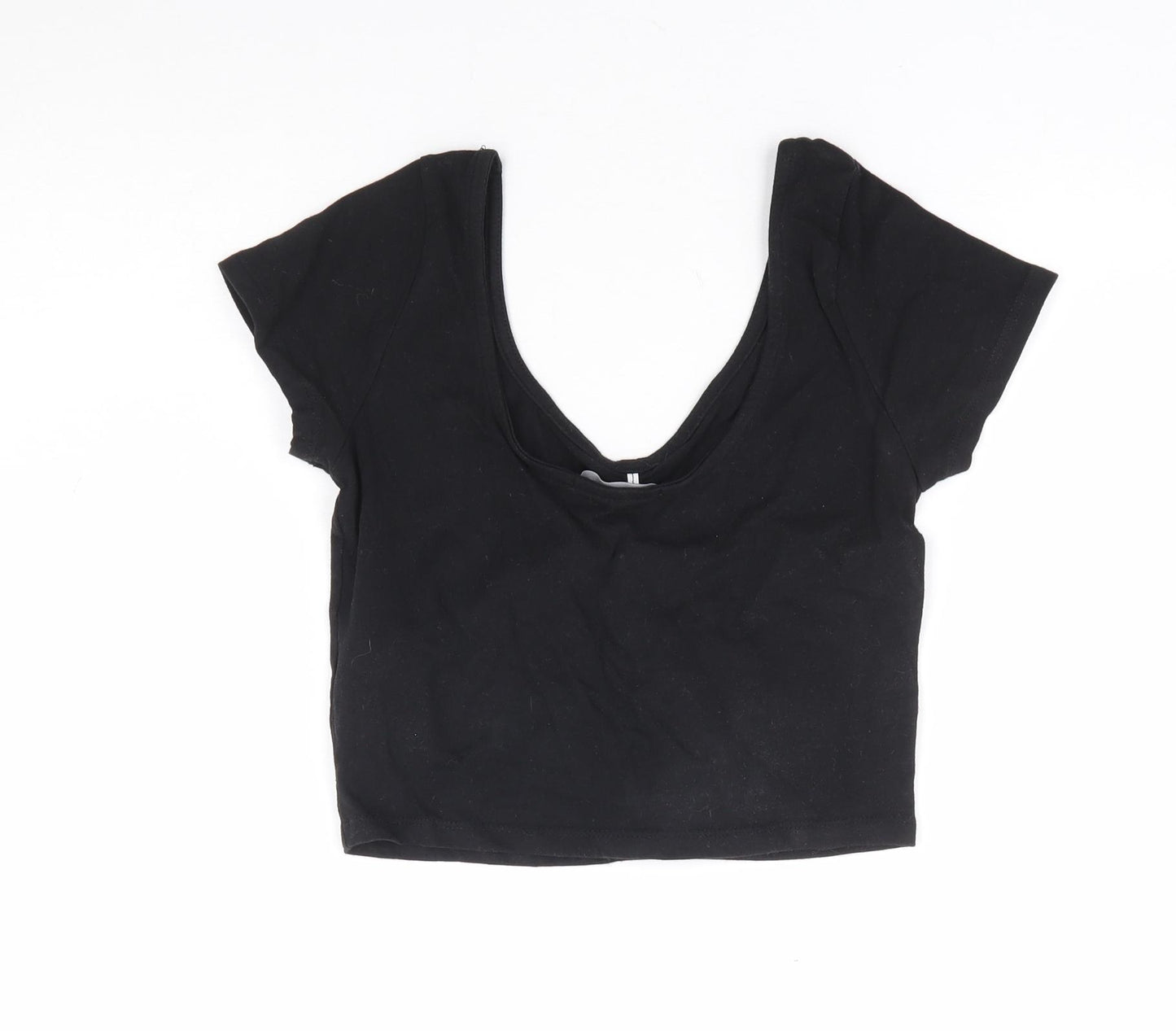 Primark Womens Black Cotton Cropped T-Shirt Size 10 Scoop Neck