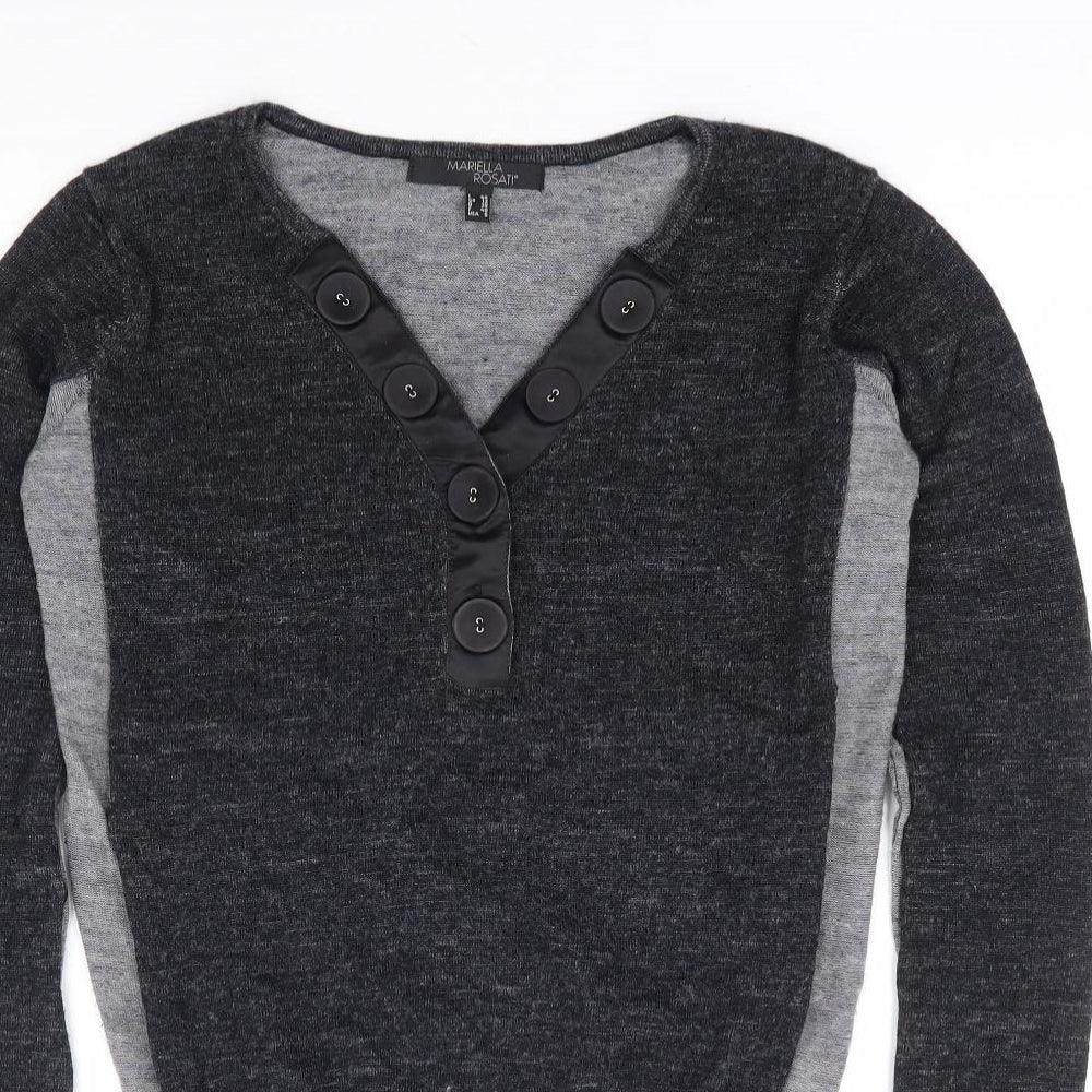 Mariella Rosati Womens Grey V-Neck 100% Wool Pullover Jumper Size 12