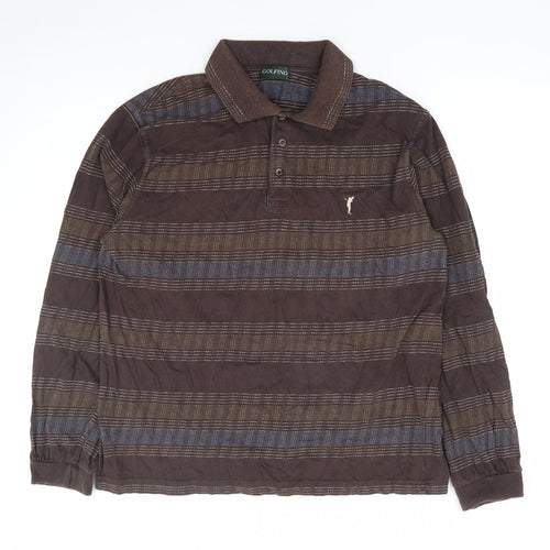 GOLFINO Mens Brown Geometric Cotton Polo Size 40 Collared Button