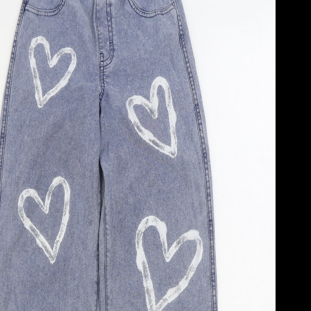 H&M Girls Blue Geometric Cotton Wide-Leg Jeans Size 10-11 Years Regular Pullover - Hearts