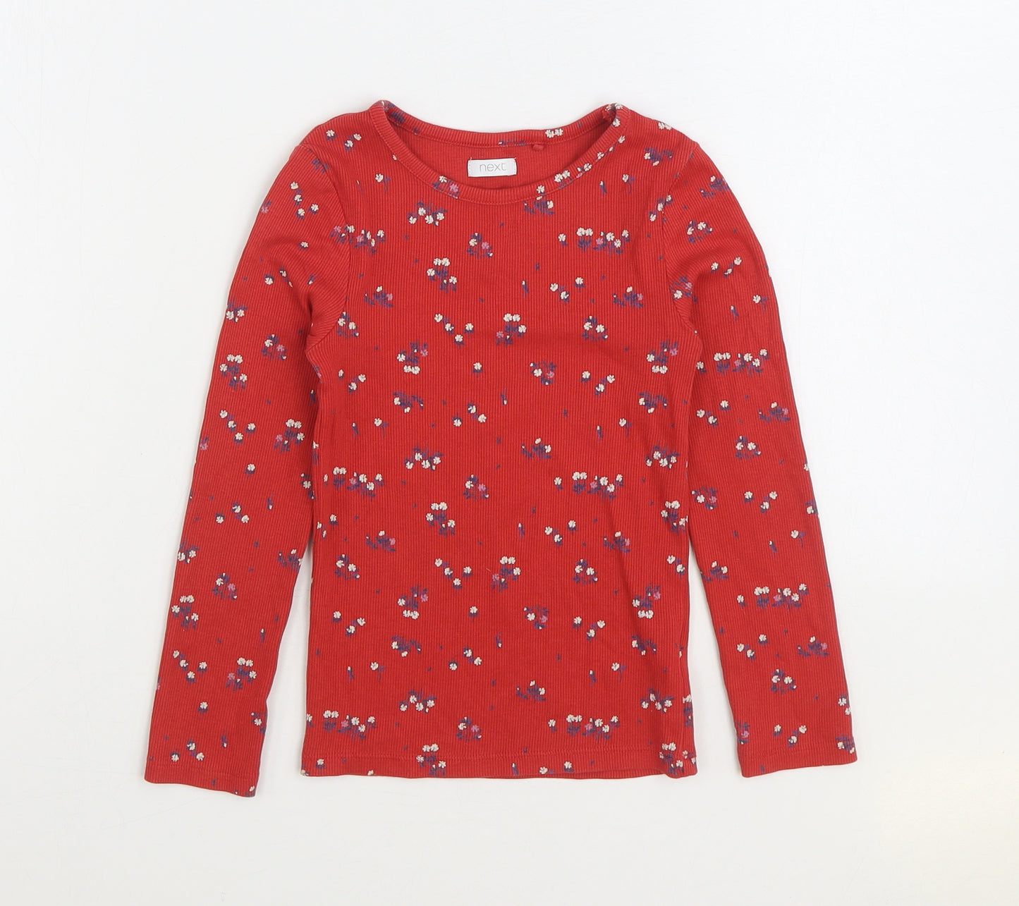 NEXT Girls Red Floral Cotton Basic T-Shirt Size 6 Years Round Neck Pullover