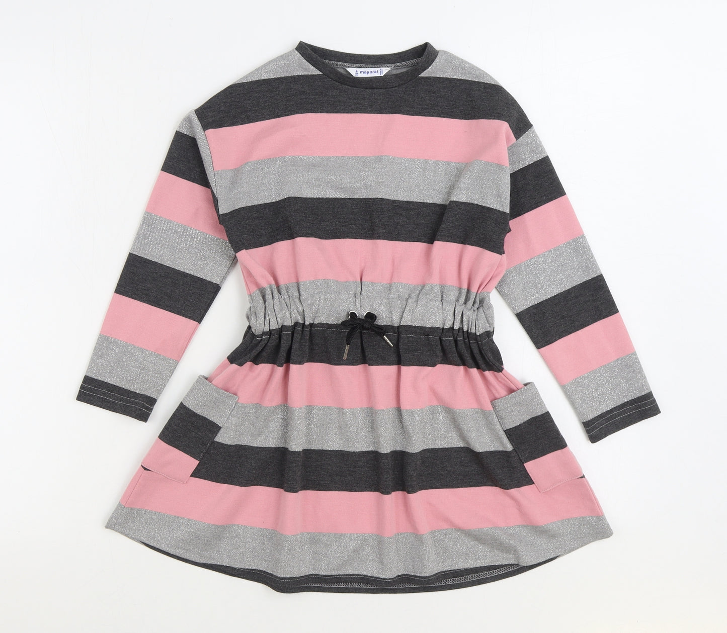 Mayoral Girls Multicoloured Striped Polyester Jumper Dress Size 6-7 Years Round Neck Pullover