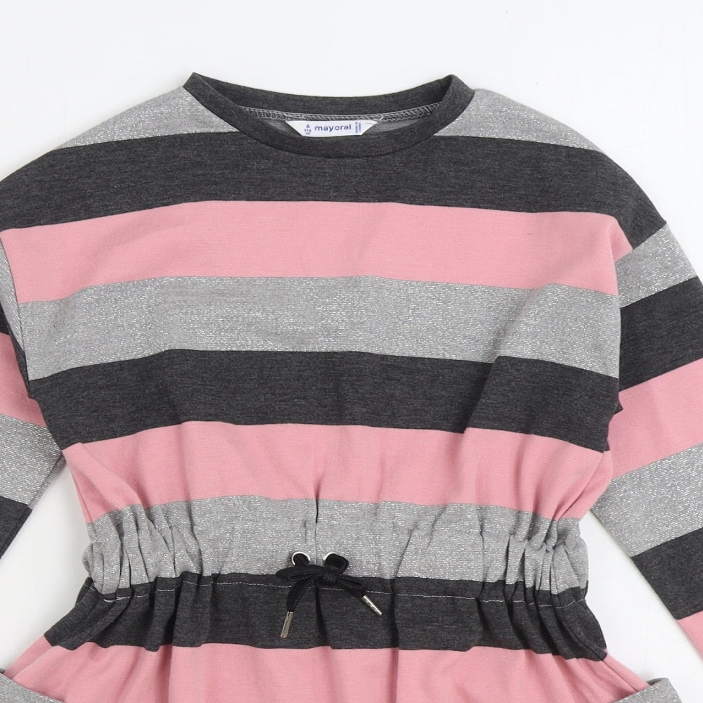 Mayoral Girls Multicoloured Striped Polyester Jumper Dress Size 6-7 Years Round Neck Pullover