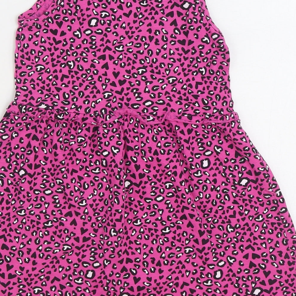 Matalan Girls Pink Animal Print 100% Cotton Skater Dress Size 4 Years Round Neck Pullover - Leopard Print