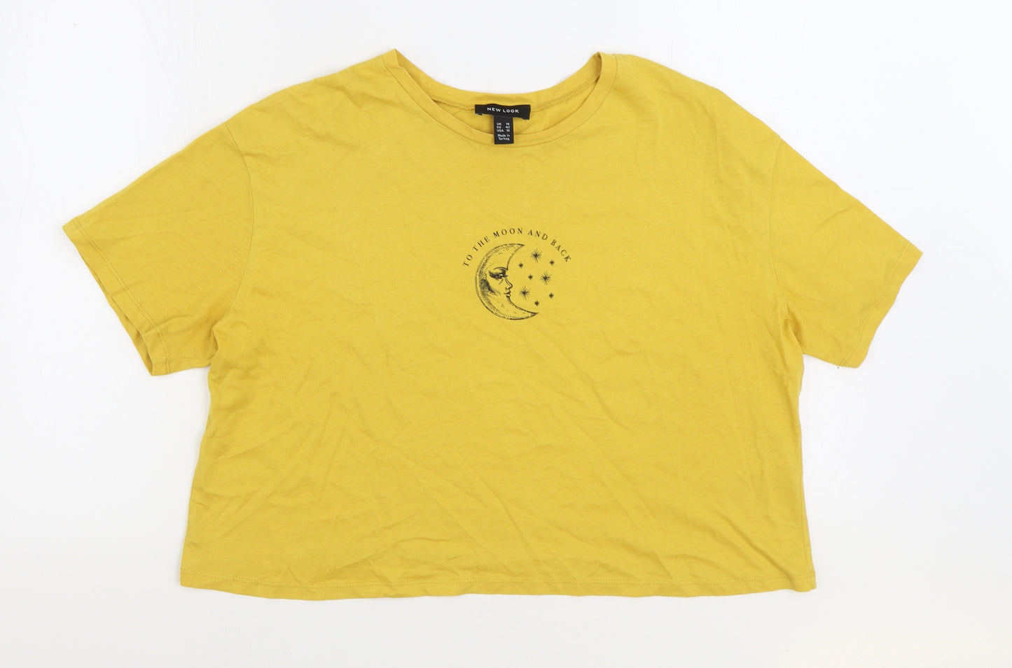New Look Womens Yellow 100% Cotton Basic T-Shirt Size 14 Round Neck - Moon and back