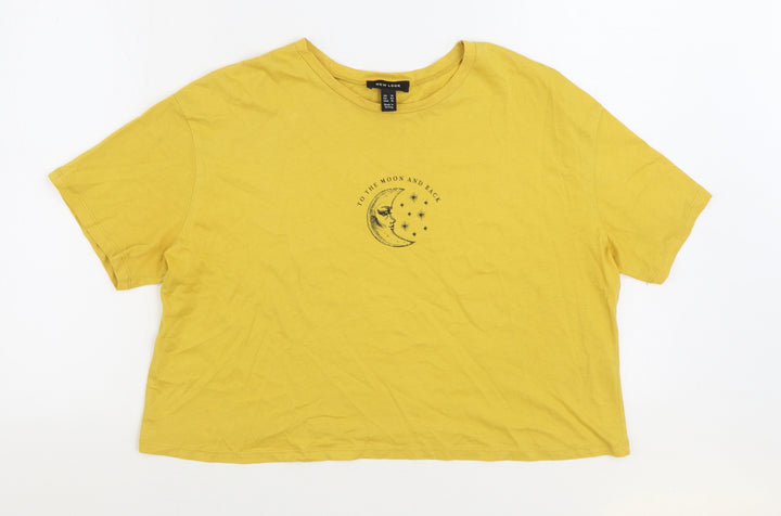 New Look Womens Yellow 100% Cotton Basic T-Shirt Size 14 Round Neck - Moon and back