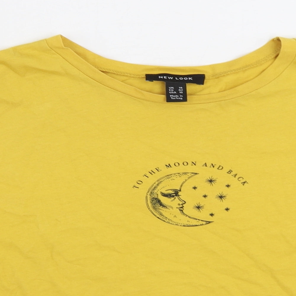 New Look Womens Yellow 100% Cotton Basic T-Shirt Size 14 Round Neck - Moon and back