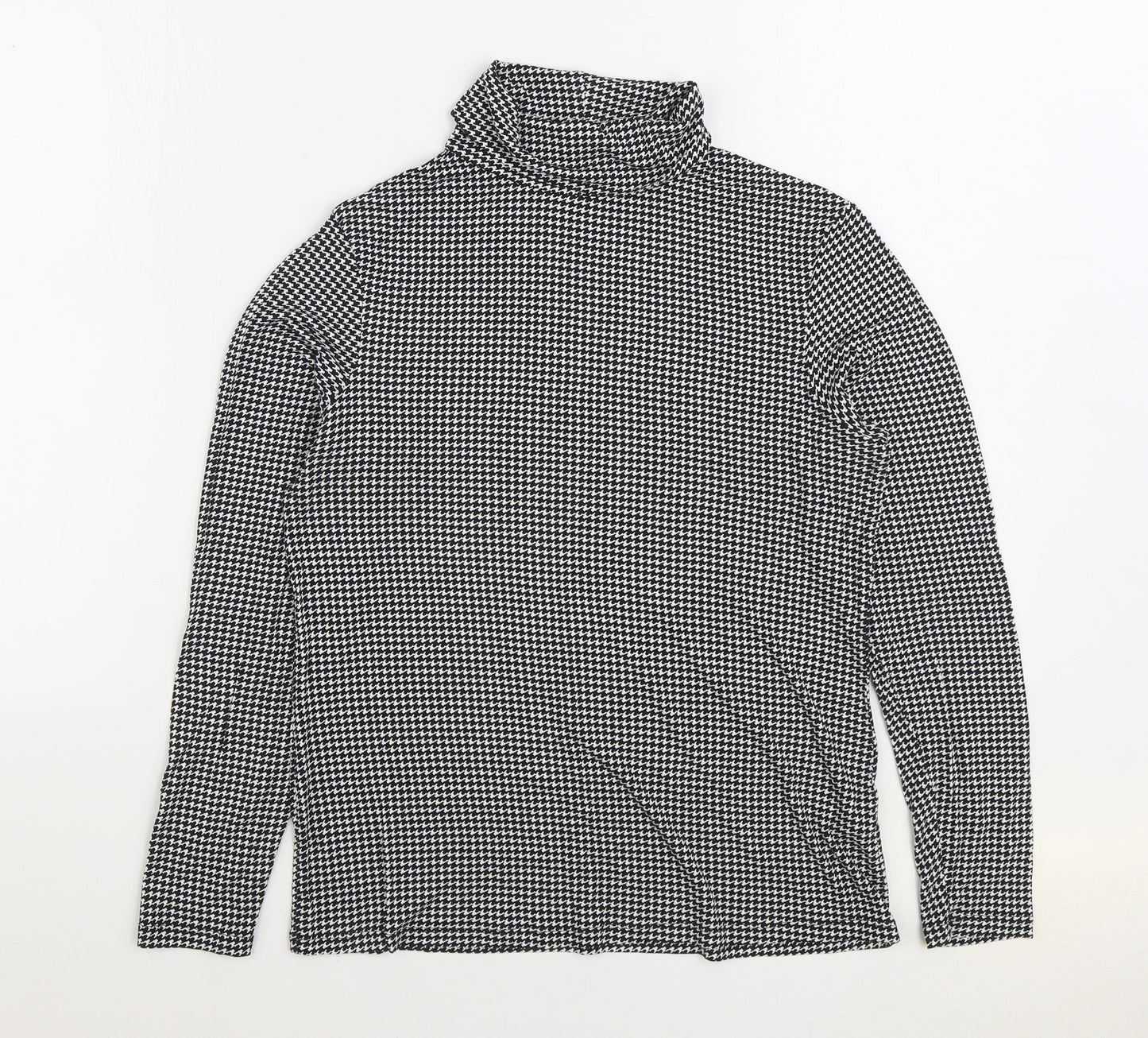 Dorothy Perkins Womens Black Geometric Viscose Basic T-Shirt Size 14 Roll Neck - Houndstooth