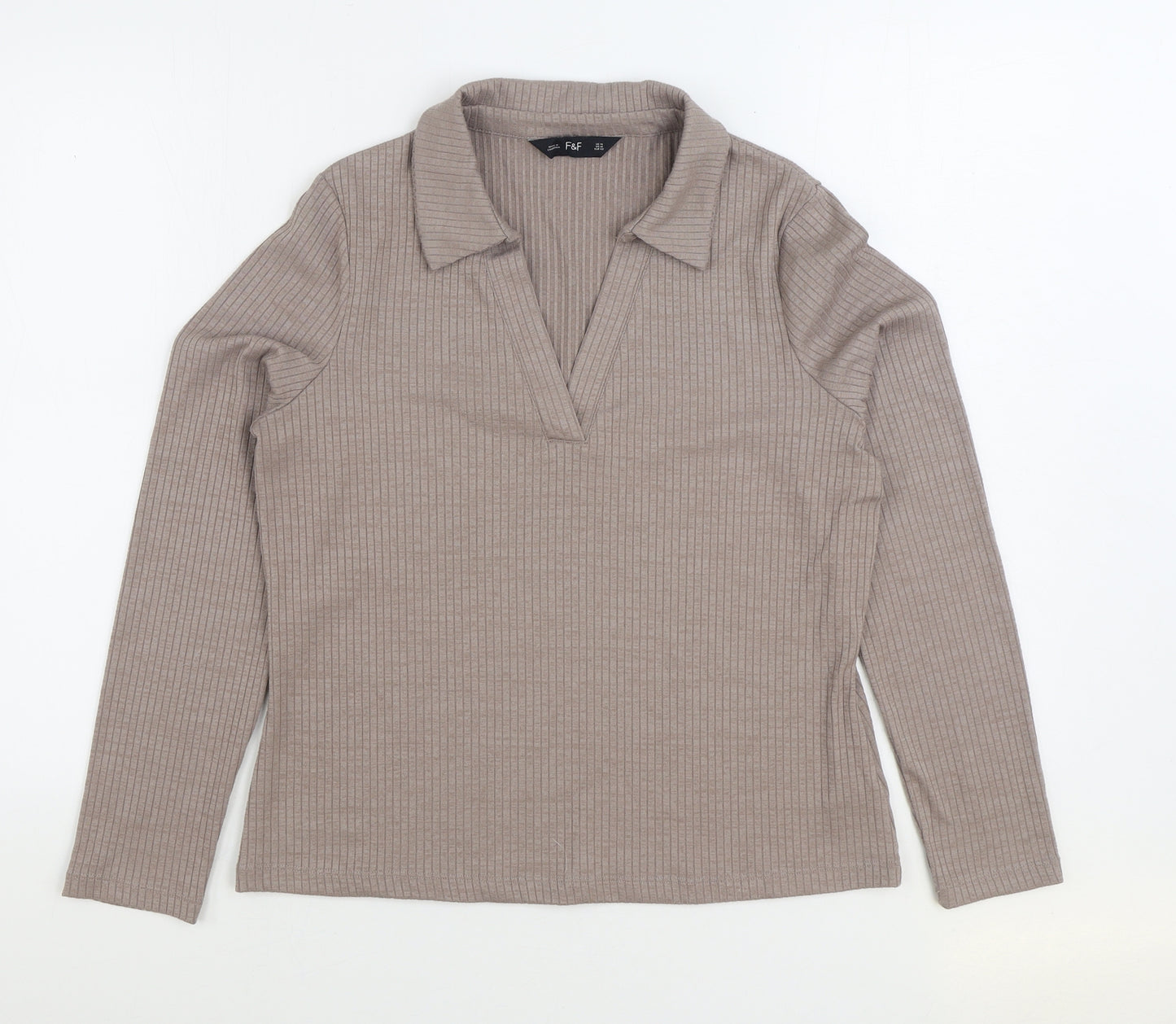 F&F Womens Beige V-Neck Polyester Pullover Jumper Size 14