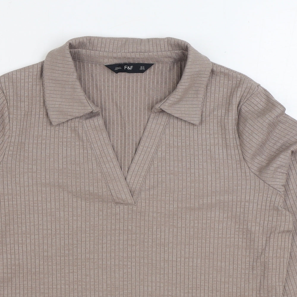 F&F Womens Beige V-Neck Polyester Pullover Jumper Size 14