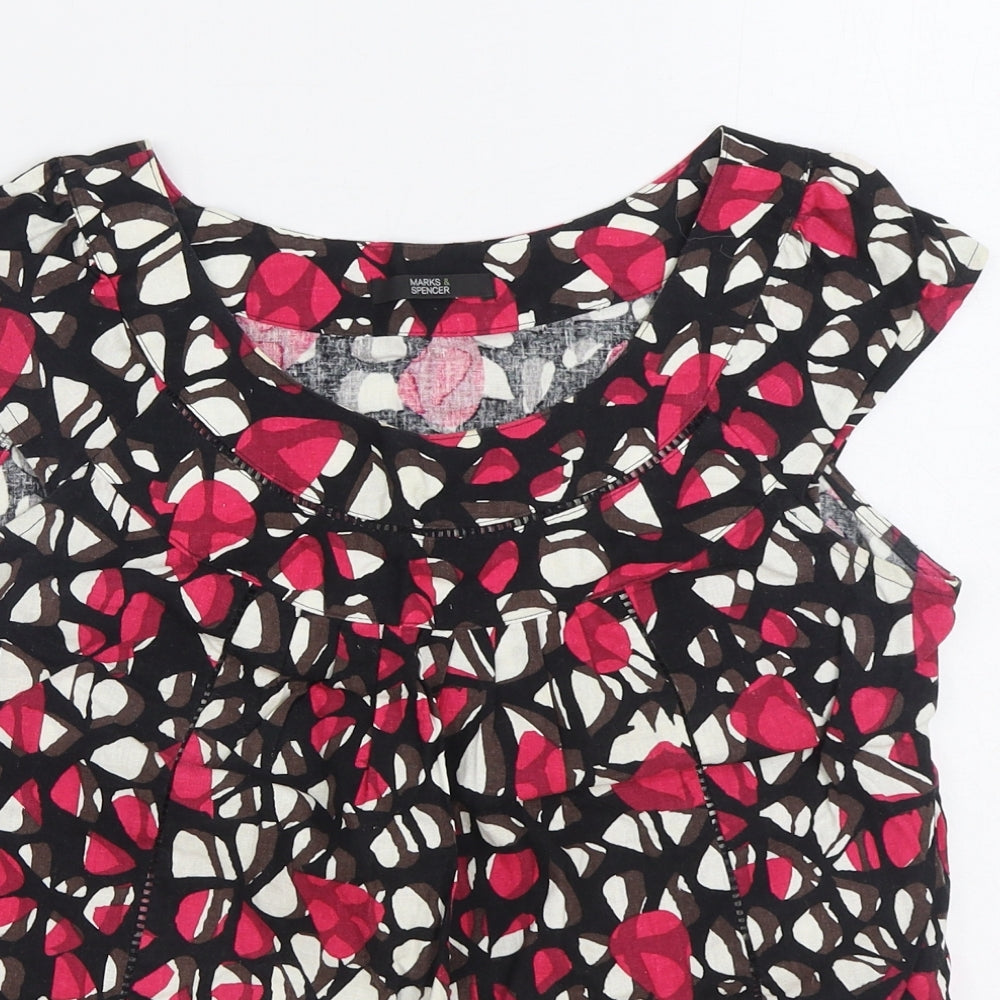 Marks and Spencer Womens Multicoloured Geometric Linen Basic Blouse Size 8 Boat Neck