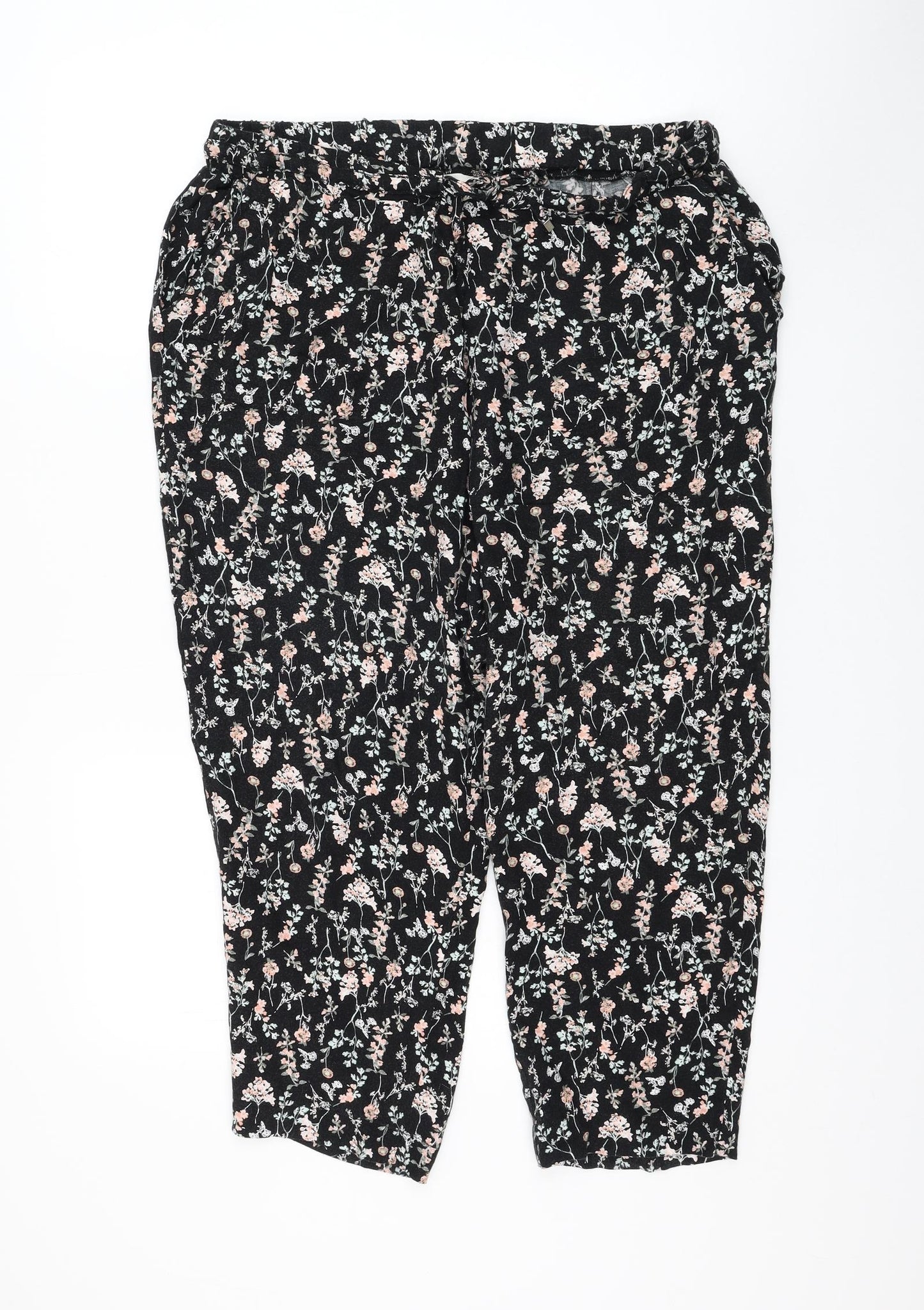 BHS Womens Black Floral Viscose Cropped Trousers Size 14 L22 in Regular Drawstring