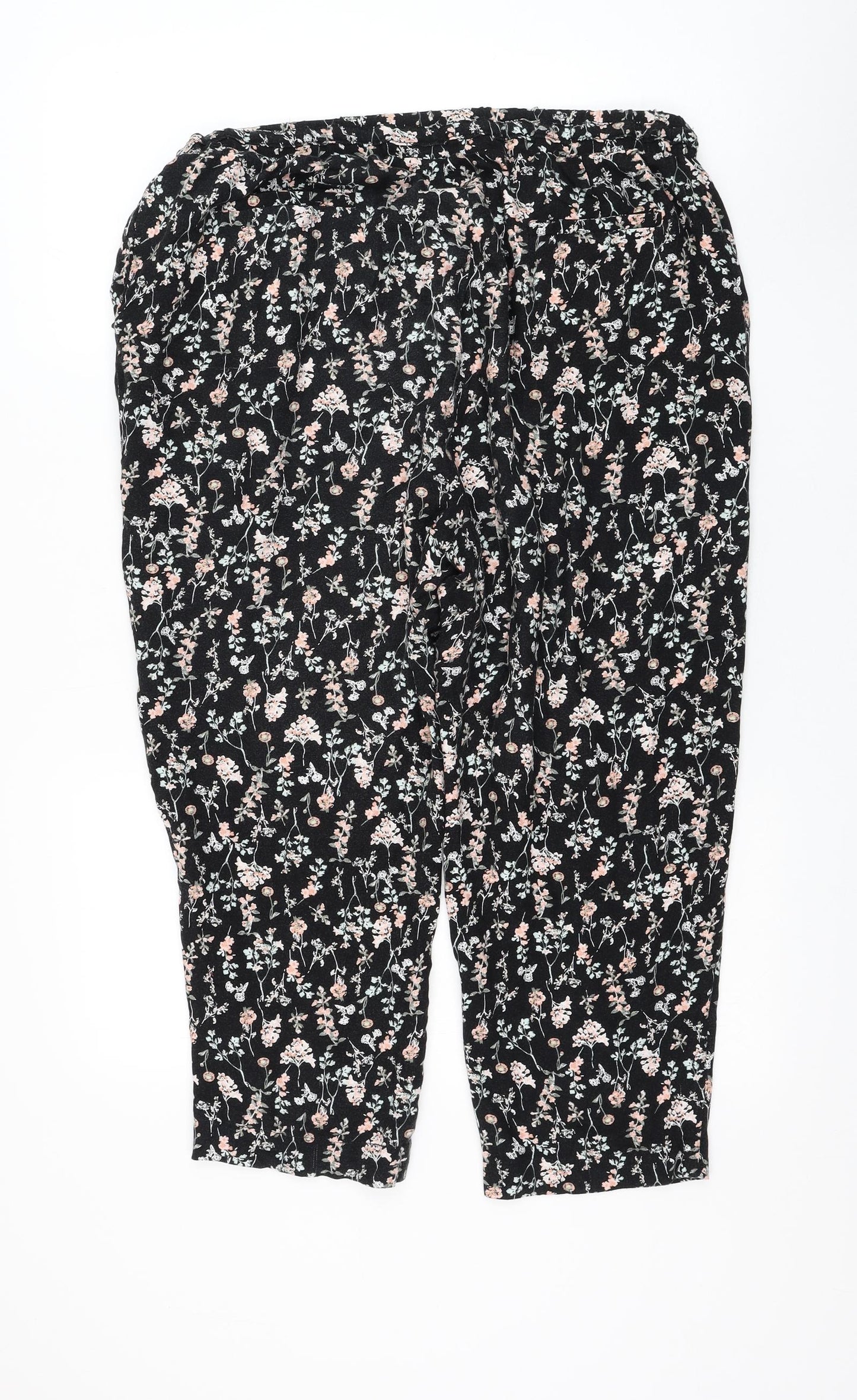 BHS Womens Black Floral Viscose Cropped Trousers Size 14 L22 in Regular Drawstring