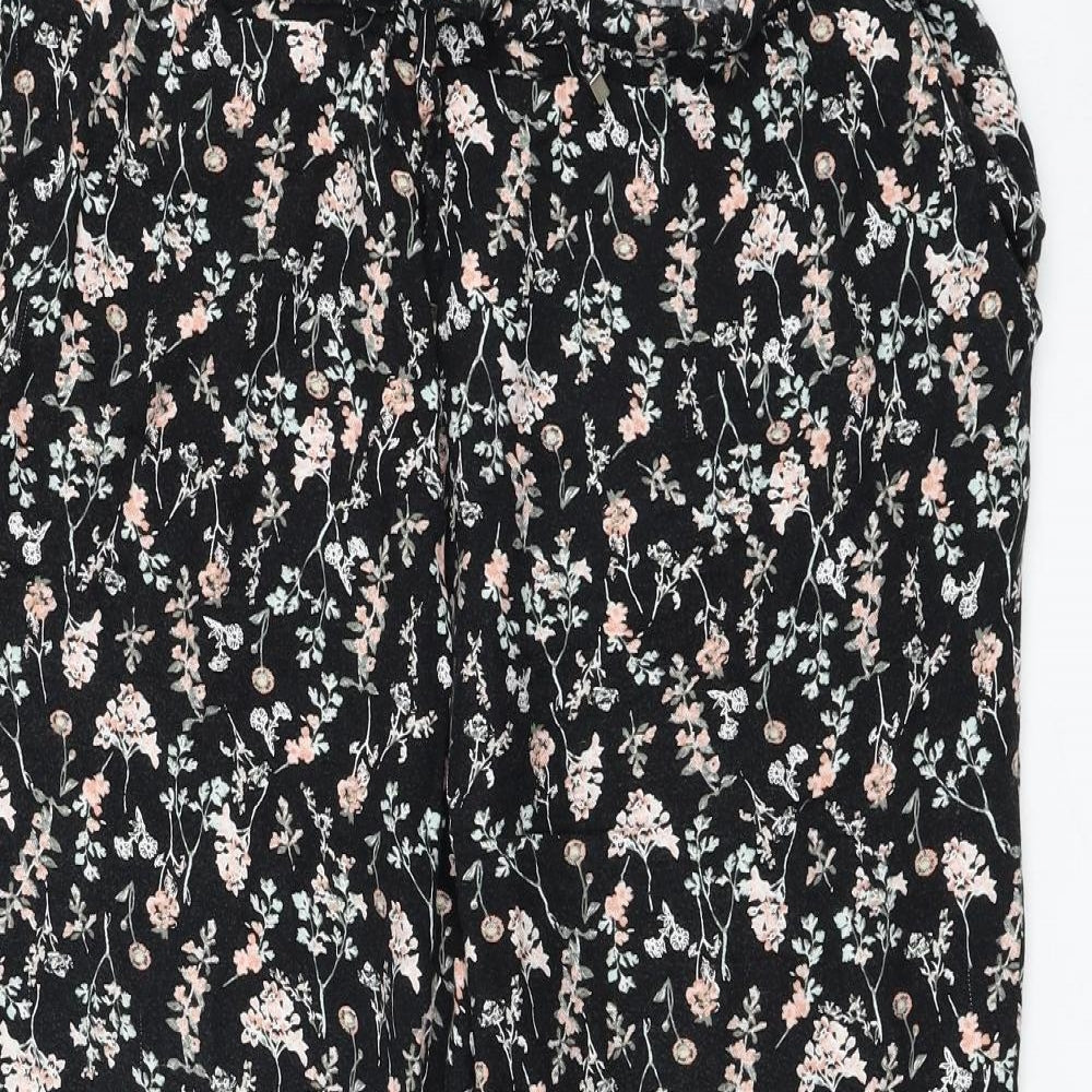 BHS Womens Black Floral Viscose Cropped Trousers Size 14 L22 in Regular Drawstring