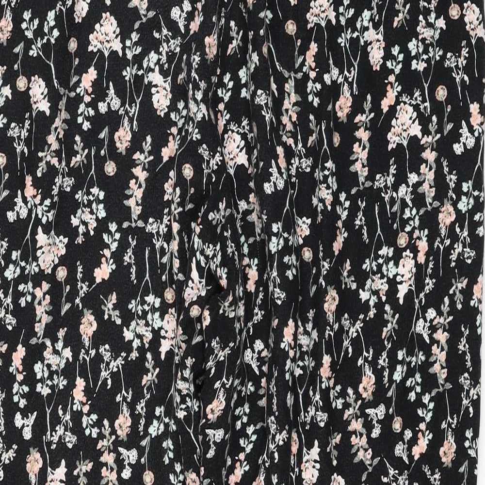 BHS Womens Black Floral Viscose Cropped Trousers Size 14 L22 in Regular Drawstring