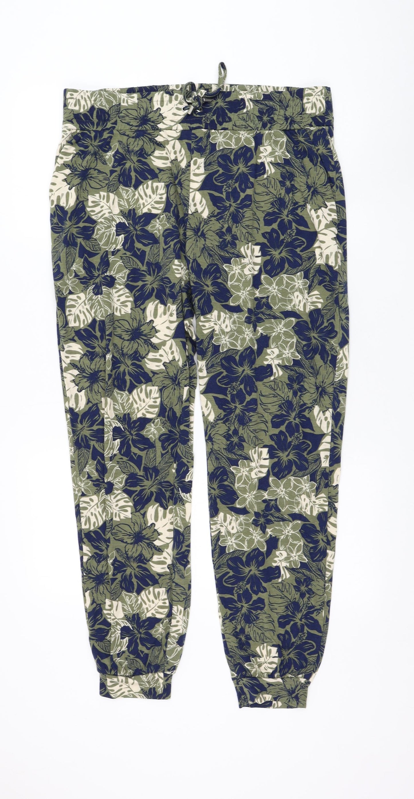 Primark Womens Green Floral Viscose Jogger Trousers Size 12 L28 in Regular Drawstring