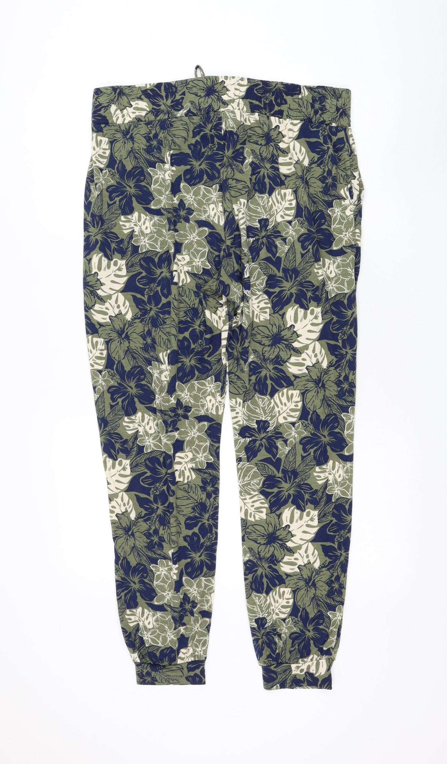 Primark Womens Green Floral Viscose Jogger Trousers Size 12 L28 in Regular Drawstring