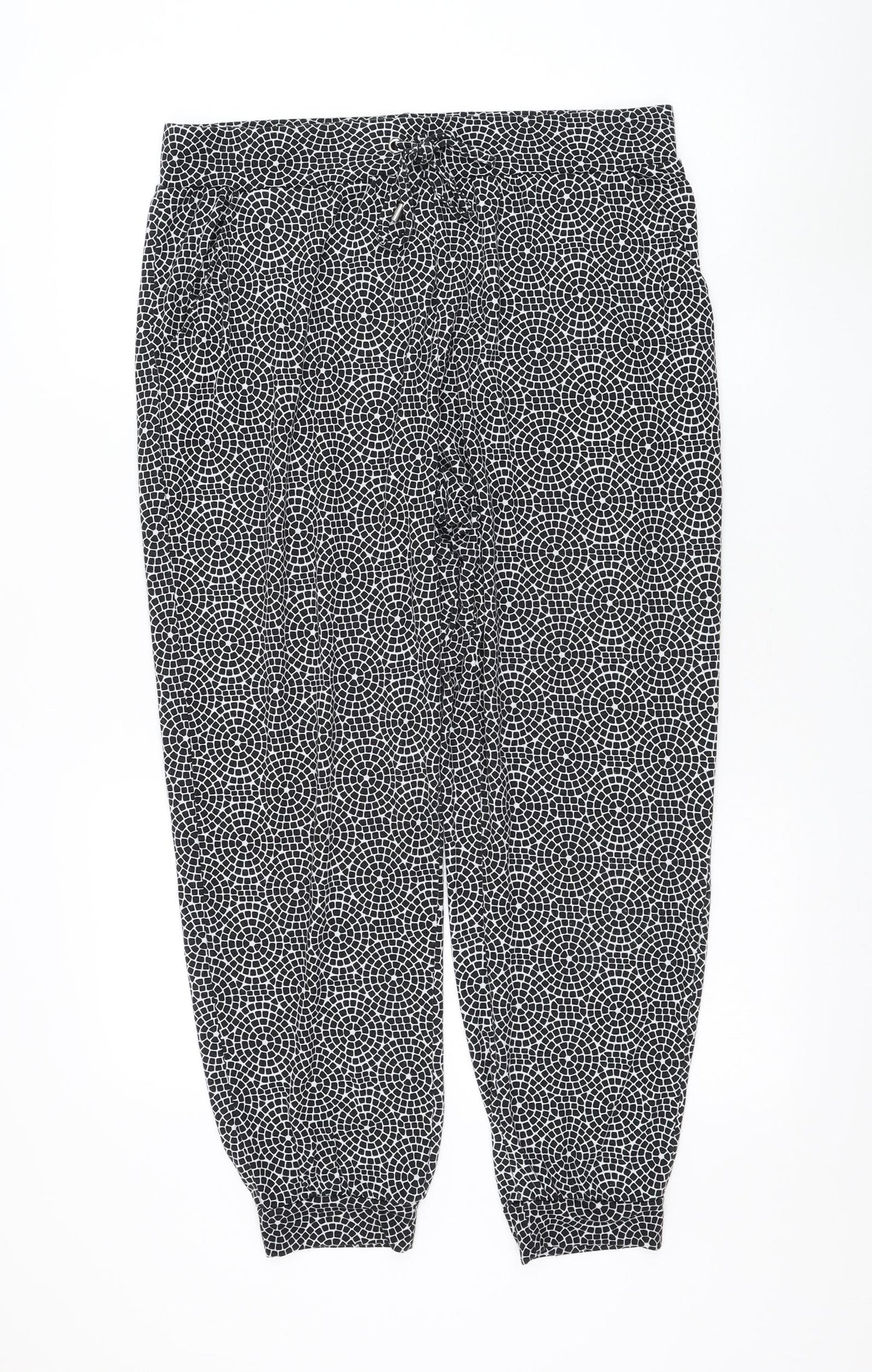 Primark Womens Black Geometric Polyester Jogger Trousers Size 12 L27 in Regular Drawstring