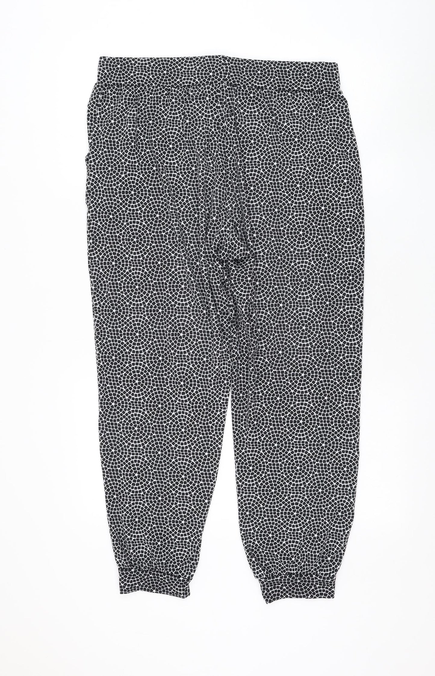 Primark Womens Black Geometric Polyester Jogger Trousers Size 12 L27 in Regular Drawstring