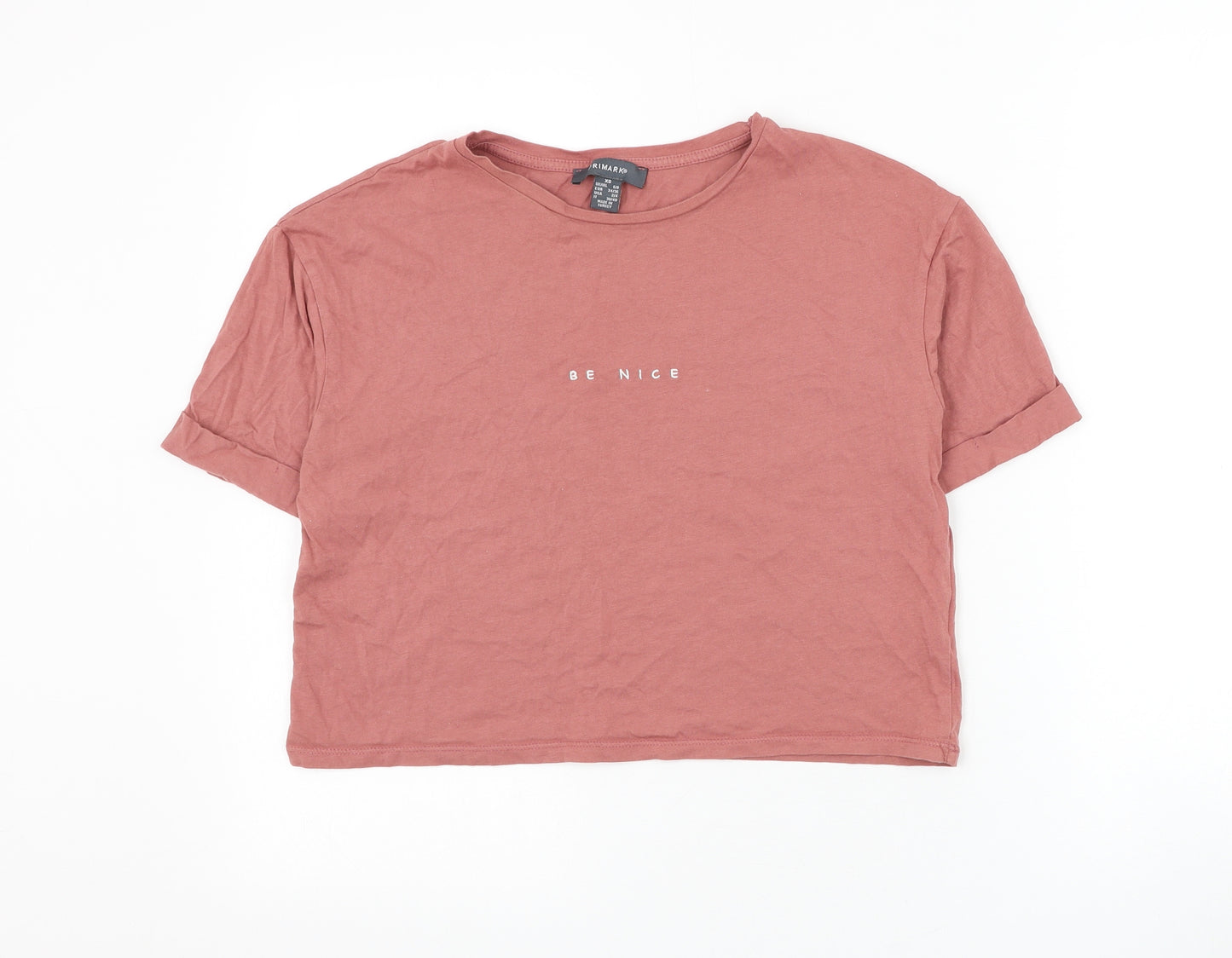 Primark Womens Pink Cotton Cropped T-Shirt Size 6 Round Neck - Be Nice