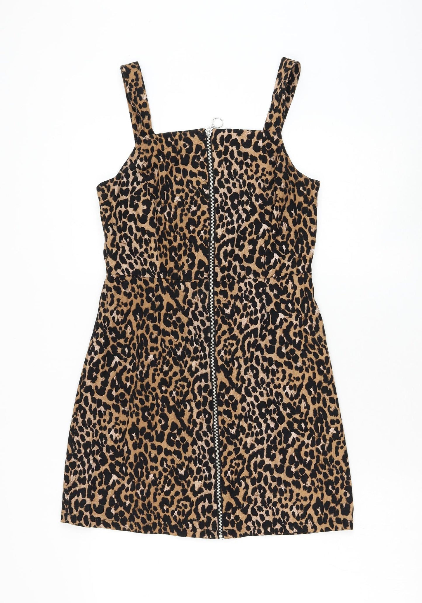 Primark Womens Brown Animal Print Cotton Pencil Dress Size 10 Square Neck Zip - Leopard Print