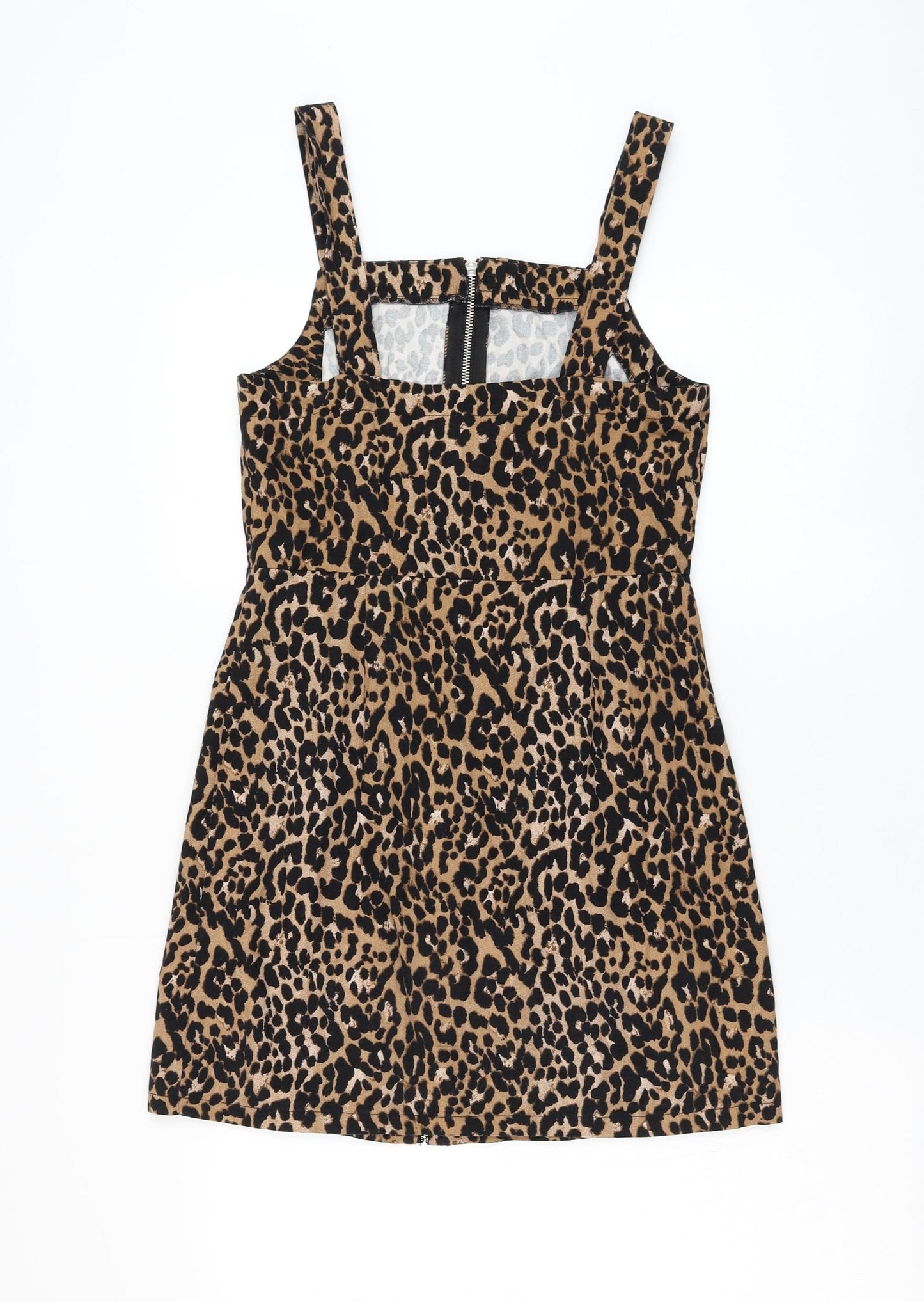 Primark Womens Brown Animal Print Cotton Pencil Dress Size 10 Square Neck Zip - Leopard Print